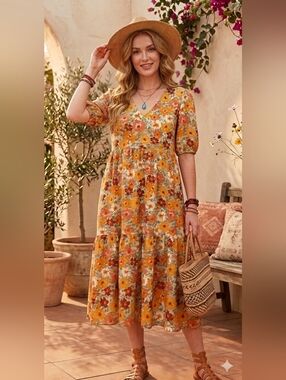 Joe Fresh Yellow & Rust Floral Tiered Dress